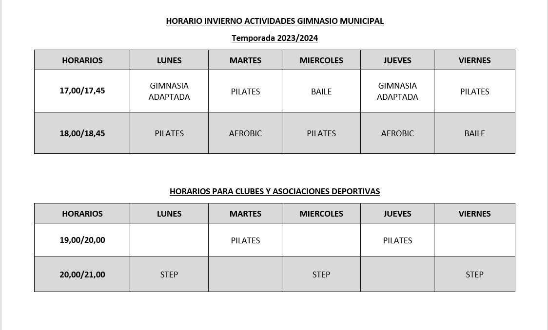 HORARIO GIMNASIO MUNICIPAL OTOÑO INVIERNO