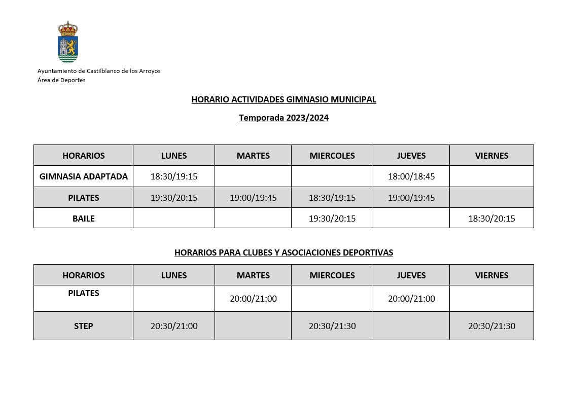 Horario Gimnasio Municipal 1 DE ABRIL