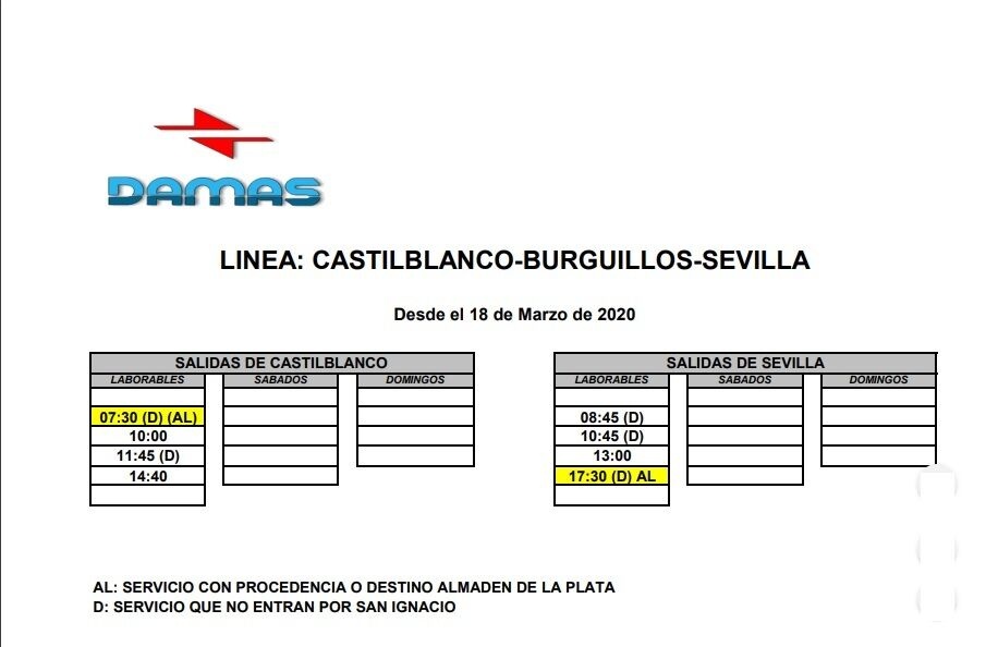 Horarios Castilblanco-Sevilla COVID19